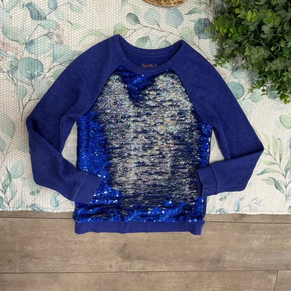 Cat & Jack Blue/Silver Sequin Girls Kids Sweatshirt Size Medium 7/8
